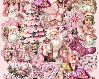 May include: Pink and white Christmas themed digital paper pack with images of Santa Claus, Christmas trees, candy canes, gingerbread houses, and other festive elements.