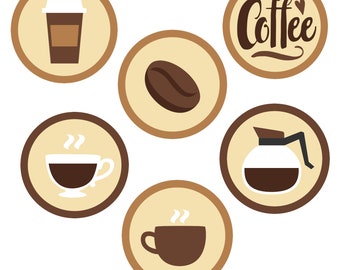 Set van 6 koffie thema vinyl stickers - Kiss Cut Stickers (gemakkelijk af te pellen van de witte achterkant) Set van 6 - 2 inch elk..