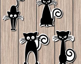 Set of 4 Funny Black Cat Vinyl Stickers -- Kiss Cut Stickers (easy to peel off the White backing) -  3 inches each..