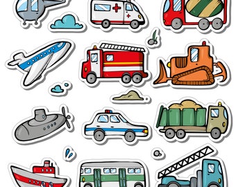 May include: A collection of colorful cartoon vehicle stickers, including a helicopter, ambulance, cement truck, airplane, fire truck, bulldozer, submarine, police car, dump truck, boat, bus, and a ladder truck. Each sticker has a white border.