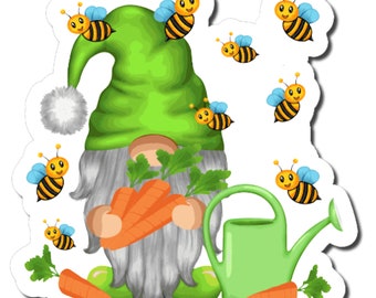 May include: A green gnome with a white beard holds a bunch of orange carrots. The gnome is wearing a green hat and has a white pom-pom on top. There are several yellow bees flying around the gnome.