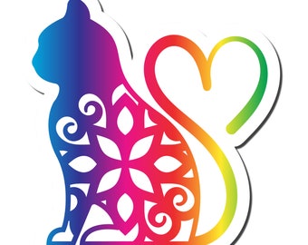 May include: A rainbow gradient cat silhouette with a heart-shaped tail. The cat's body is filled with a white floral pattern.