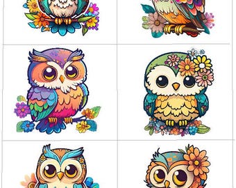 Op de afbeelding: Zes kleurrijke cartoon uilen met grote ogen, elk gepercht op een tak met bloemen. De uilen hebben verschillende gekleurde veren en patronen, waaronder blauw, groen, oranje, geel en roze.