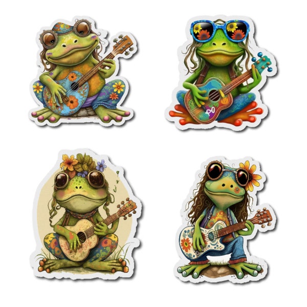 Set of 4 Cute Retro 50s 60s Hippy Frogs Vinyl Stickers -- Kiss Cut Stickers (easy to peel off the White backing) -  3 inches each..