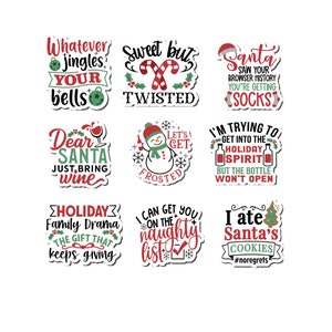 9 Pk Funny Christmas Vinyl or Matte Paper Sticker Decals, 3 inch tall - stick on Journal Stickers, Notebooks, Tumblers, Candles Etc.