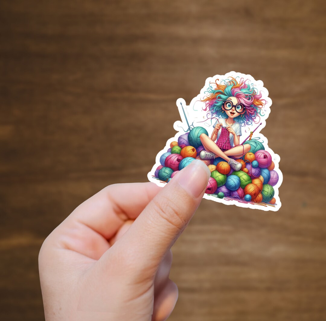 Colorful Cartoon Girl Crochet Crocheting Vinyl Sticker Decal