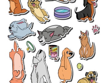 Op de afbeelding: Een set kleurrijke hondenstickers met verschillende rassen in verschillende poses, waaronder een teckel, een mops, een windhond en een golden retriever. De stickers bevatten ook hondgerelateerde items zoals een bot, een hondenkom en een pootprint.