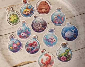 6 or 12 pk Sealife in a Bottle Vinyl Stickers, easy to peel off backing, Appx 2 inches, Back to School, Notebooks, Water Bottles, etc.