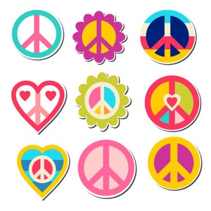 9 Pk Colorful Peace Signs Retro Hippy  Vinyl Sticker Decals, 3 inch tall - stick on Journal Stickers, Notebooks, Tumblers, Candles Etc.