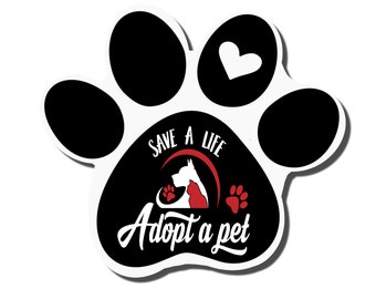 May include: Black paw print with a white heart in the top center. The paw print has the text "Save a Life Adopt a Pet" in white with a red heart and a silhouette of a dog and cat inside a red circle.