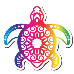 May include: A rainbow colored mandala design of a sea turtle. The turtle is outlined in black and has a detailed mandala design in the center of its shell.