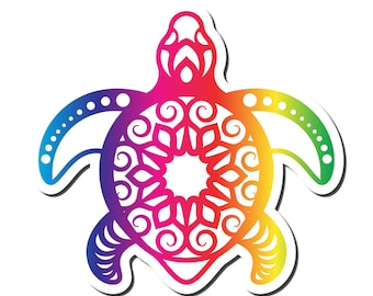 May include: A rainbow colored mandala design of a sea turtle. The turtle is outlined in black and has a detailed mandala design in the center of its shell.