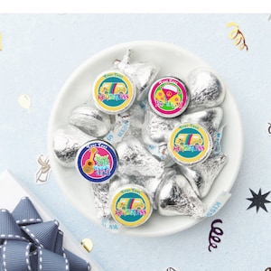 Assorted Retro Hippy 60s 70s - 1 sheet of 108 - .75&quot; round PRINTED LABELS ONLY for Kisses or Mini Peanut Butter Cups Party Favors