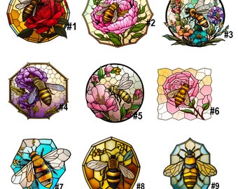 May include: Nine stained glass designs featuring bees and flowers. Each design is framed in a honeycomb pattern. The designs include a red rose, pink peonies, purple flowers, and yellow flowers.