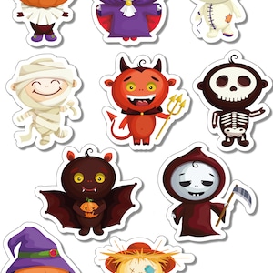 May include: Set of ten Halloween stickers featuring various characters, including a pumpkin, vampire, ghost, mummy, devil, skeleton, bat, grim reaper, witch, and scarecrow. The stickers are colorful and have a cartoon style.