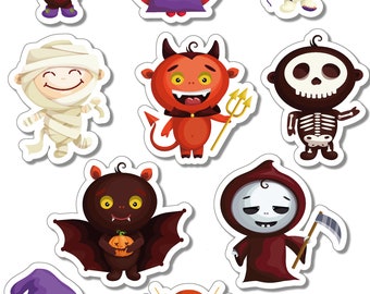May include: Set of ten Halloween stickers featuring various characters, including a pumpkin, vampire, ghost, mummy, devil, skeleton, bat, grim reaper, witch, and scarecrow. The stickers are colorful and have a cartoon style.