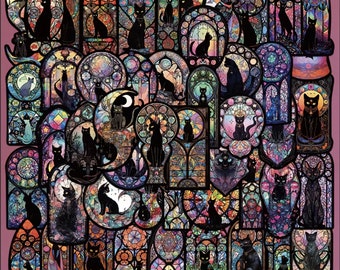 May include: A colorful collage of stained glass windows featuring black cats in various poses. The windows are framed in a dark pink background.