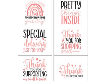 May include: Six different pink and black printable gift tags with various messages. The tags include "I hope this package brightens your day!" with a rainbow, "Pretty things inside", "Special delivery just for you!" with hearts, "Thank you for shopping small" with hearts, "Thank you for supporting my small business" with hearts, and "Thank you for your order!" with hearts.