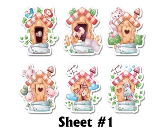 May include: A sheet of six colorful stickers featuring cute animal characters in front of their little houses. Each house has a red roof and a heart-shaped door. The animals include a cat, a dog, a bunny, a mouse, a bird, and a squirrel.