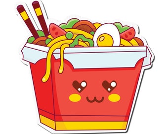 May include: A red takeout container filled with noodles, vegetables, and a hard-boiled egg. The container has a cute face design with heart-shaped eyes and a smiling mouth. Chopsticks are placed on top.