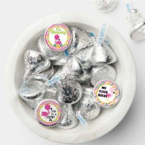 Assorted Pink Flamingos 1 sheet of 108 - .75&quot; round PRINTED LABELS ONLY for Kisses or Mini peanut butter Cups Party Favors