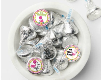 Assorted Pink Flamingos 1 sheet of 108 - .75" round PRINTED LABELS ONLY for Kisses or Mini peanut butter Cups Party Favors