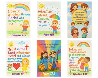 Op de afbeelding: Set van zes kleurrijke kaarten met christelijke thema's, met illustraties van kinderen, regenbogen en zonnen. Elke kaart bevat een Bijbelvers, zoals Filippenzen 4:13, voor inspirerende boodschappen.