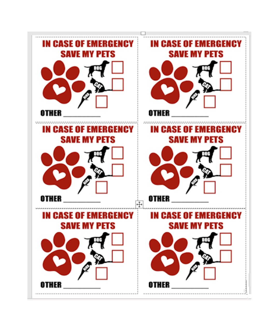 6 Pack Emergency Pet Door, Window, Rectangle Stickers Matt Finish Paper Style 4x3.33 Inches Dog