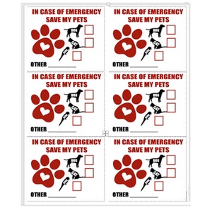 Puede incluir: Papel blanco con huellas de patas rojas, corazones y el texto "IN CASE OF EMERGENCY SAVE MY PETS". Incluye casillas de verificación para perros, gatos y otras mascotas. También se incluye una ilustración de loro.