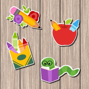 Set of 4 Cute Back to School Vinyl Stickers -- Kiss Cut Stickers (easy to peel off the White backing) -  3 inches each..
