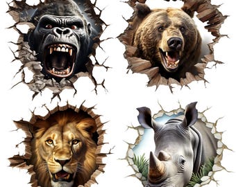 Op de afbeelding: Vier dierenportretten: een gorilla, een beer, een leeuw en een neushoorn, die elk door een gebarsten muur breken. De gorilla is zwart, de beer is bruin, de leeuw is goudkleurig en de neushoorn is grijs.