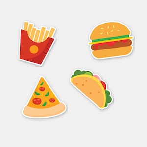 Fast Food Vinyl Stickers Decals -- Set of 4 Kiss Cut (easy peel) Stickers - Appx 3 inch Burger, Taco, French Fries, Pizza