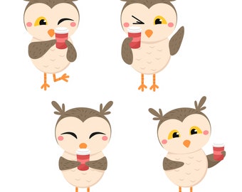 May include: Four cartoon owls with different expressions, each holding a red paper cup. The owls have brown eyes, brown feathers, and orange beaks.