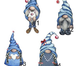 May include: Four blue gnomes with different hats and accessories. Gnome #1 is holding a white bunny. Gnome #2 has a long white beard. Gnome #3 is holding a white heart. Gnome #4 has a red bow and a pearl necklace.