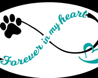 May include: An oval-shaped graphic with a black infinity symbol, a black paw print, and a teal heart. The words "Forever in my heart" are written in teal script within the infinity symbol.