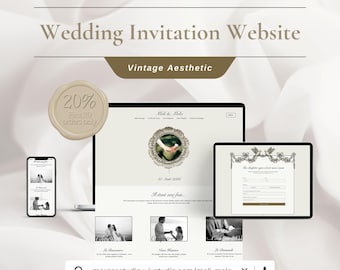 Plantilla web de boda para Wix: elegante y vintage. Incluye invitaciones digitales, confirmación de asistencia, lista de reproducción y galería de fotos.