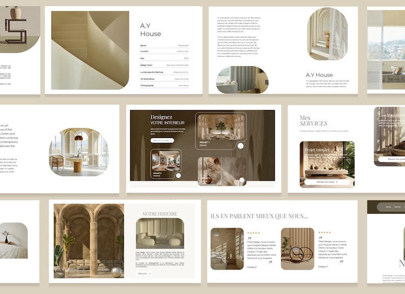 Desktop preview of multiple sections from the Wix interior design website template