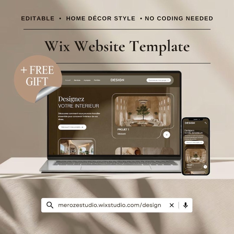 Puede incluir: Un port&aacute;til y un smartphone que muestran una plantilla de sitio web con el texto "Wix Website Template". La pantalla del port&aacute;til muestra un dise&ntilde;o con im&aacute;genes de dise&ntilde;o de interiores. El smartphone refleja el dise&ntilde;o. El texto incluye "EDITABLE", "HOME D&Eacute;COR STYLE" y "NO CODING NEEDED".