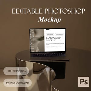 Mörkbrun skrivbords-PSD-mockup – Redigerbar Photoshop-mall med smart objekt – Modern digital nedladdning