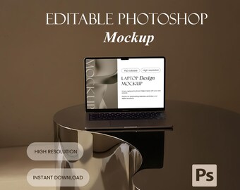 Maqueta PSD de escritorio marrón oscuro: plantilla editable de Photoshop con objeto inteligente (descarga digital moderna)