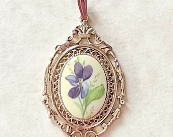 Vintage Gold Tone And Flower Painted Porcelain Pendant For A Necklace