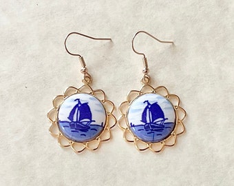 Gold Tone And Delft Drop And Dangle Earrings. Ship Image On Porcelain.