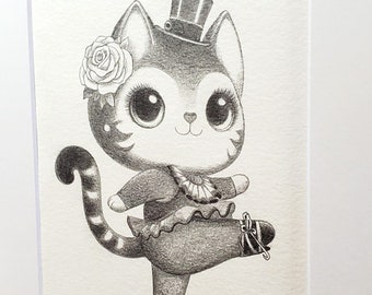 Small Pencil Drawing Mixed Media Original Art Illustration - Cute Animal Cat Doll Character Mat Framed