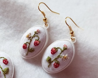 Wild Strawberry Earrings, Cottagecore Dangle Earrings, Spring Earrings, Embroidered Earrings, Cute Aesthetic Earrings, Plant Fruit Earrings