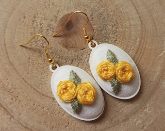 Yellow Roses Dangle Earrings || Hand Embroidered Earrings, Cottagecore Earrings, Elegant Earrings, Dainty Subtle Jewelry, Romantic Academia