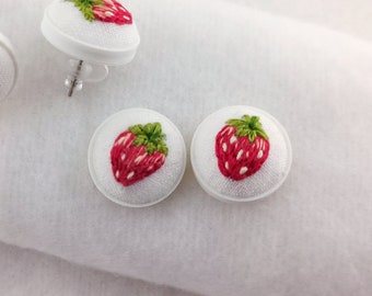 Strawberry Stud Earrings, Cottagecore Stud Earrings, Embroidered Earrings, Fruit Stud Earrings, Kawaii Stud Earring, Cute Dainty Earrings