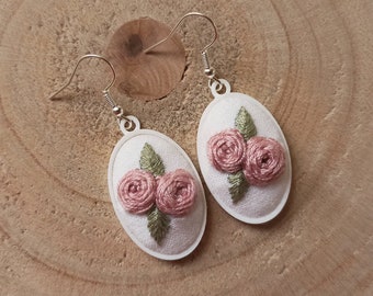 Pink Roses Dangle Earrings || Hand Embroidered Earrings, Cottagecore Earrings, Elegant Dainty Earrings, Fairycore Jewelry, Romantic Academia