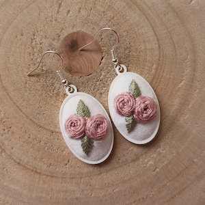 Pink Roses Dangle Earrings || Hand Embroidered Earrings, Cottagecore Earrings, Elegant Dainty Earrings, Fairycore Jewelry, Romantic Academia