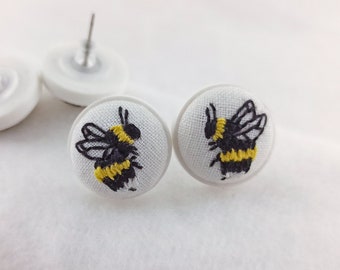Bumble Bee Earrings, Hand Embroidered Cottagecore Stud Earrings, Handmade Earrings, Bumblebee Jewelry, Bug Earring, Save the Bees Gift