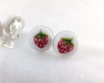 Strawberry Clip-on Earrings, Cottagecore Earrings, Embroidered Earrings, Fruit Earrings Clipon, Kawaii Clip On Earring, Cute Dainty Earrings